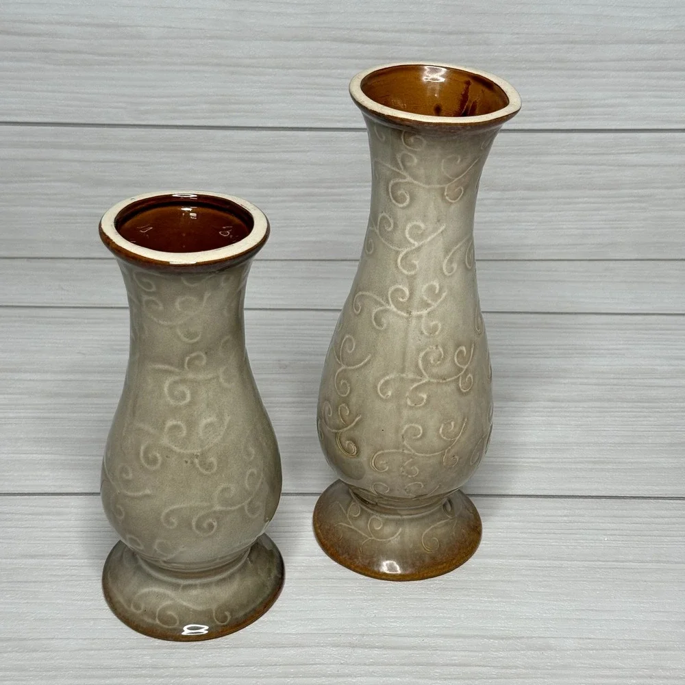 Set of 2‎ Ceramic Vases Beige Swirl Glaze Amber Interior Decorative Home Decor